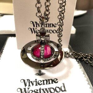 Vivienne Westwood Small Orb Necklace Pendant Red Gunmetal Top 4.5cm With Pouch